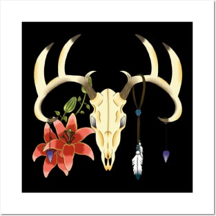 Deer Skull with red lilies Posters and Art